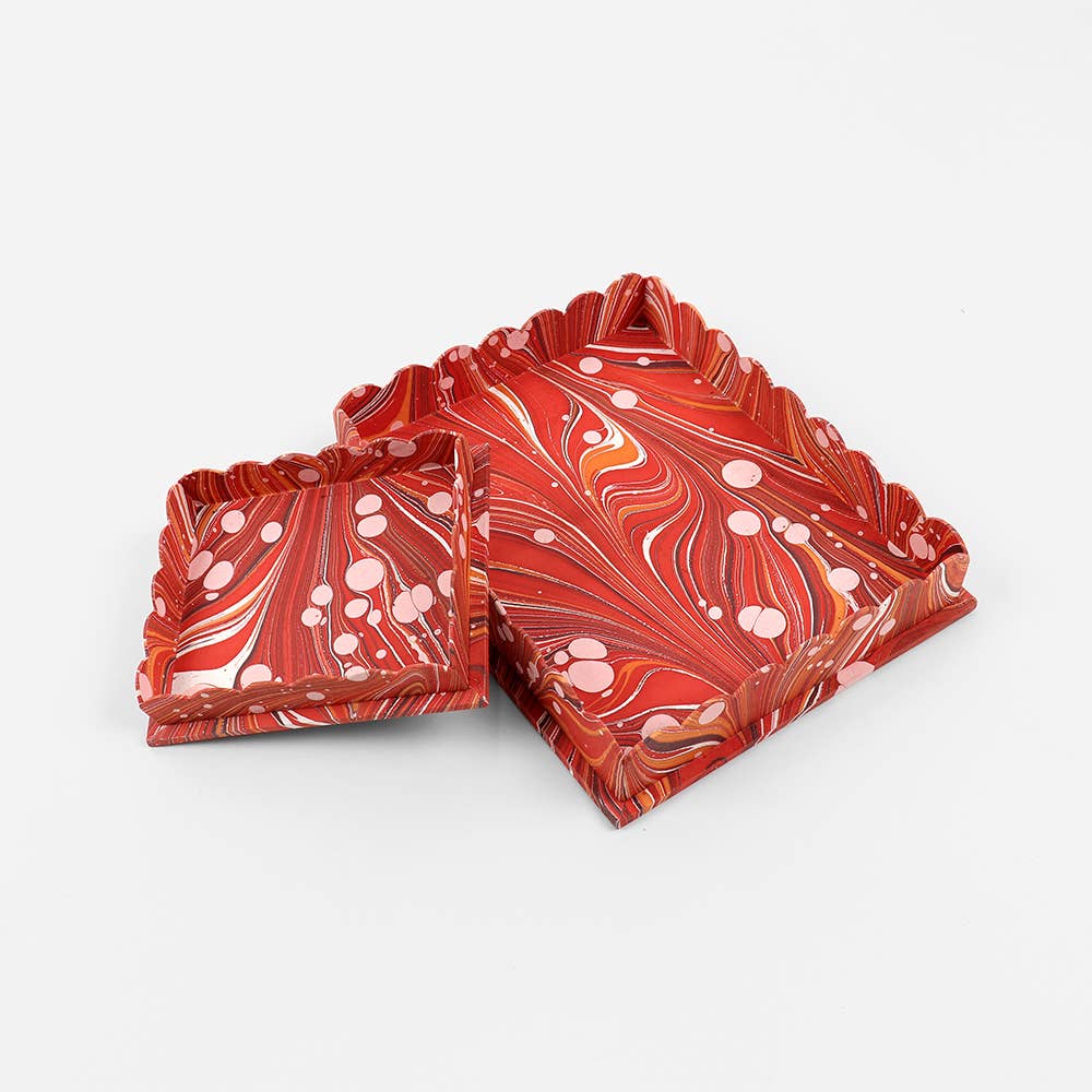 MARBLED SCALLOPED TRAY SET FIRE WHIRL RED