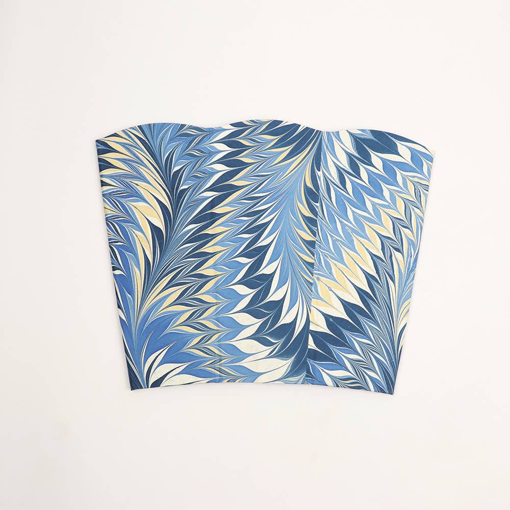 Hand Marbled Scalloped Collapsible Basket - Indigo Feather