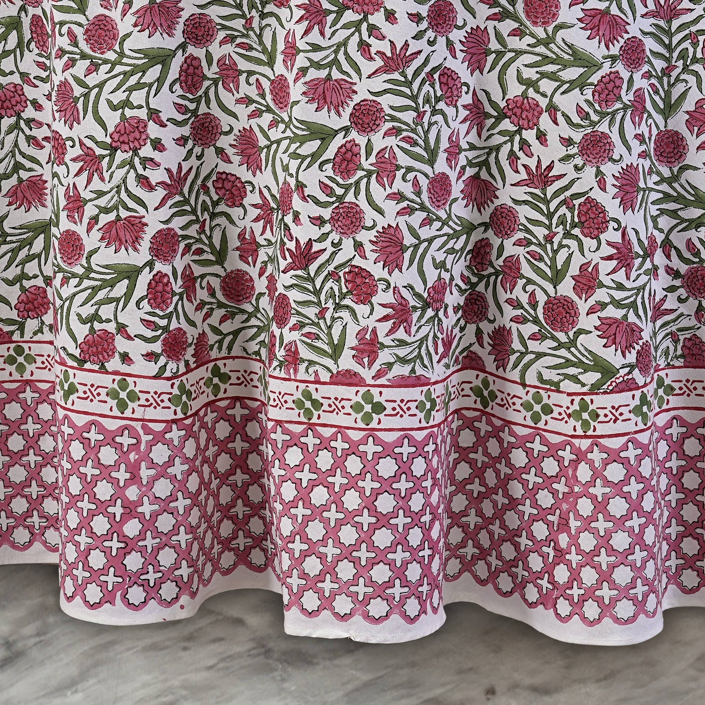 Red Garnet Hand Block Printed 100% Cotton Round Tablecloth: 110 Inch