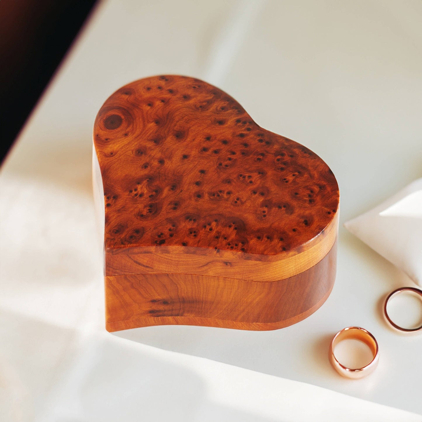 Burl Wood Heart-Shaped Ring Box