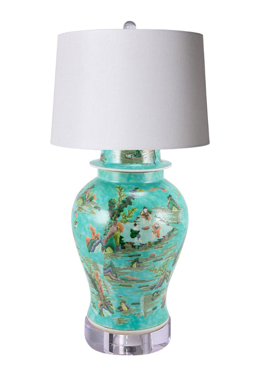 Lamp of Chinoiserie Green Landscape Temple Jar