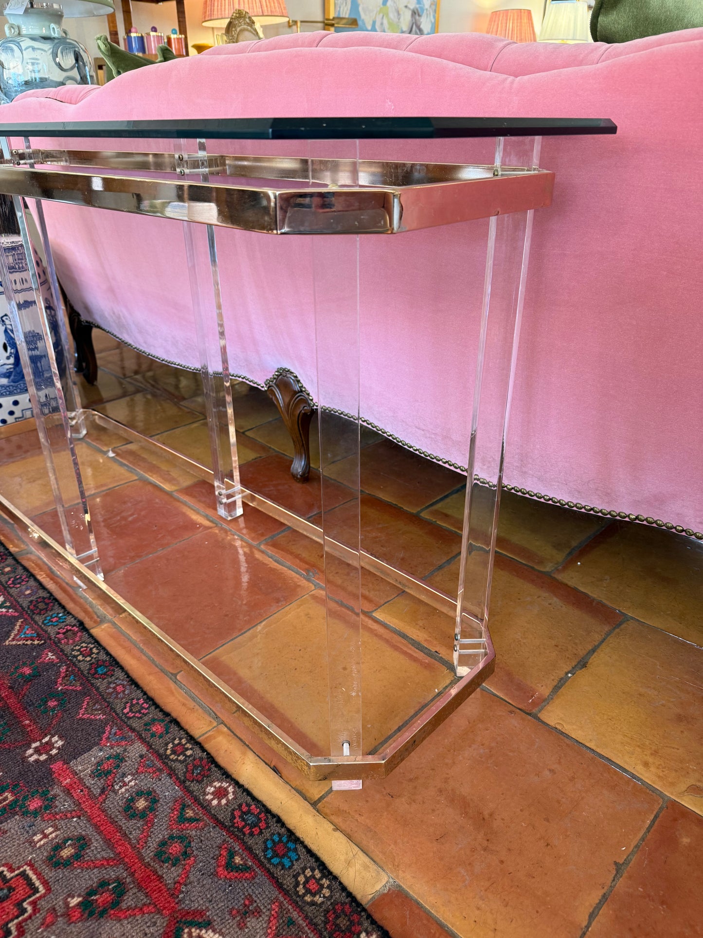 Hollywood Regency Antique Lucite and Brass Console Table