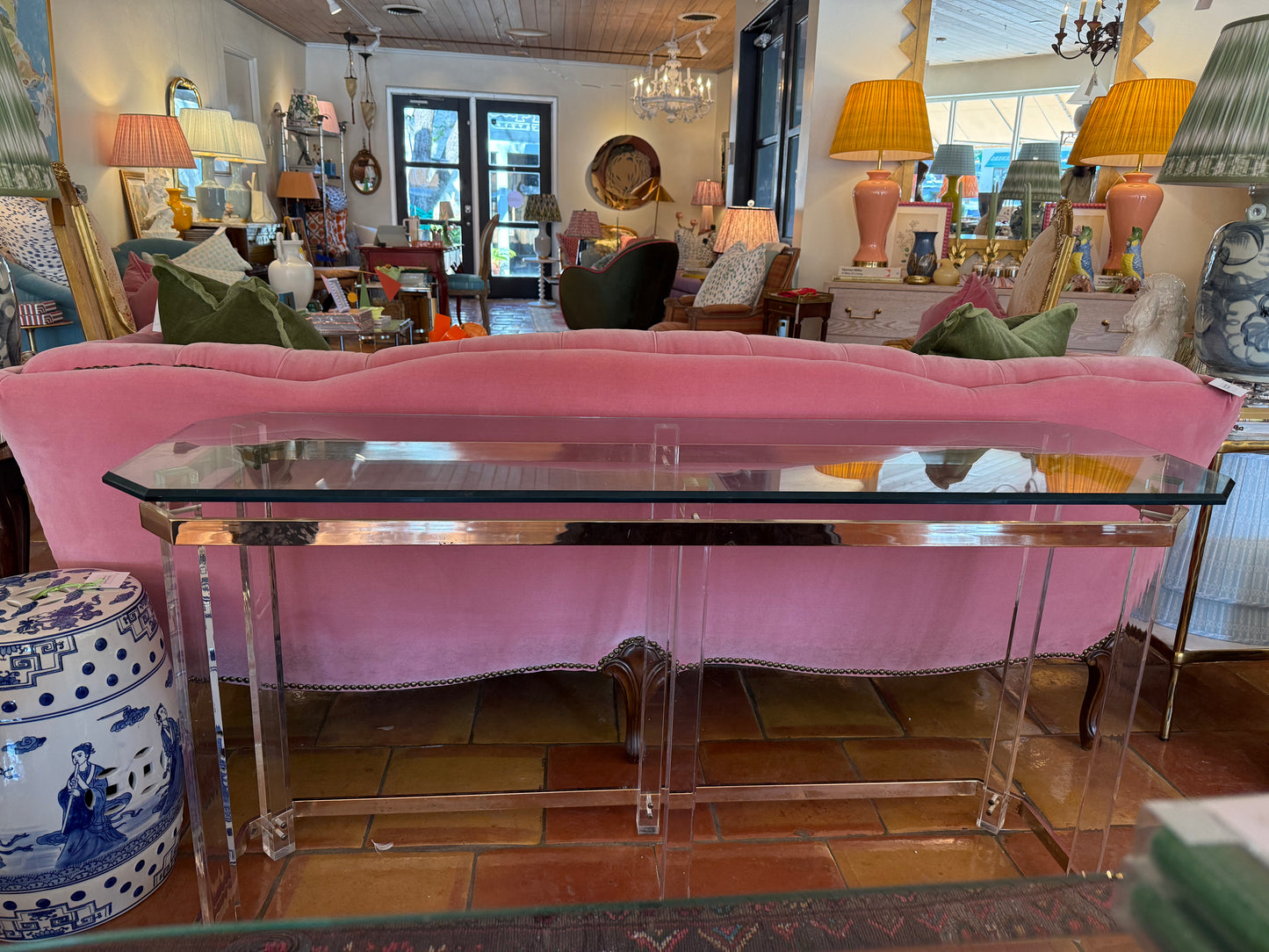 Hollywood Regency Antique Lucite and Brass Console Table