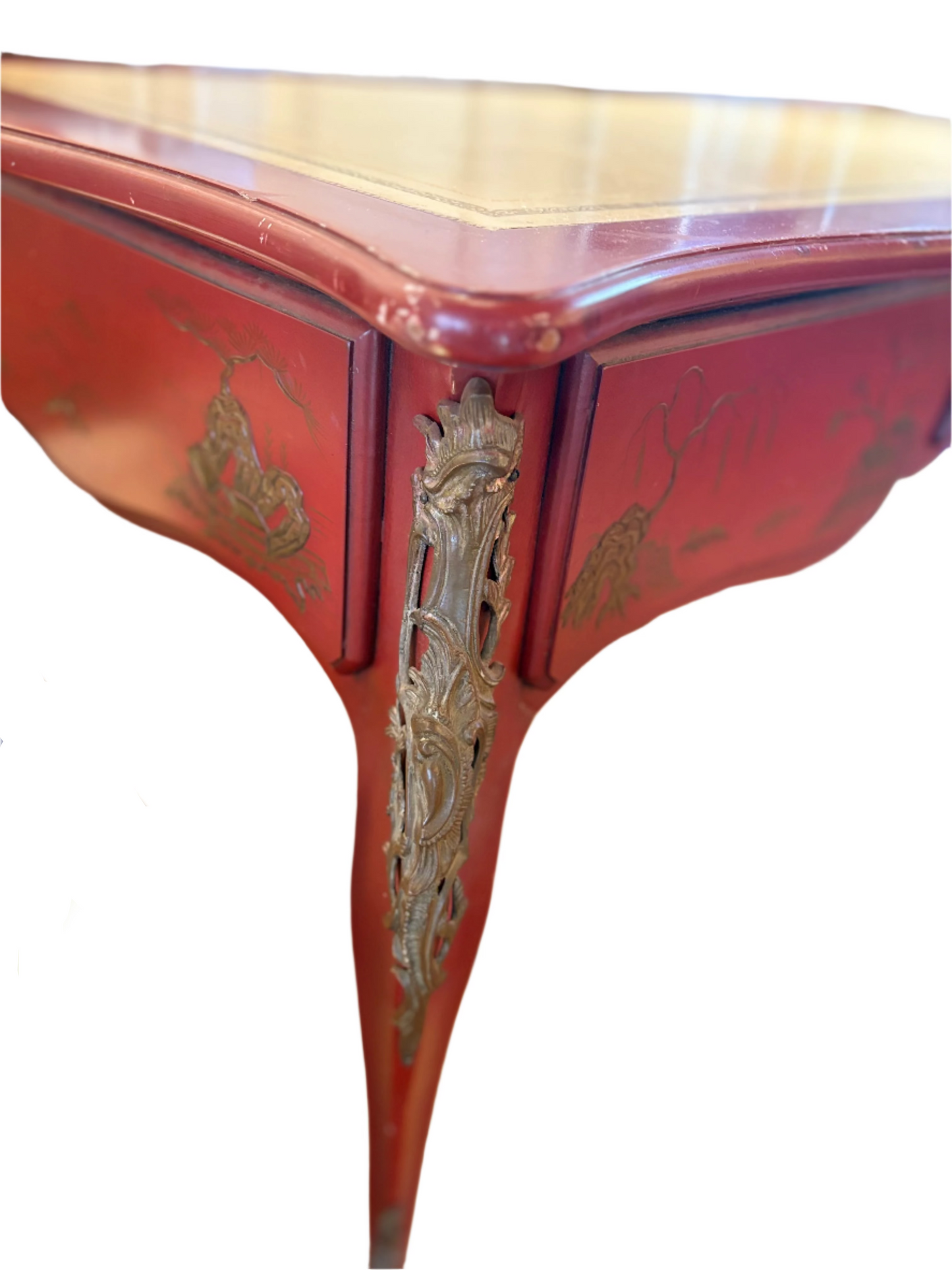 Antique Red Chinoiserie Leather Top Desk