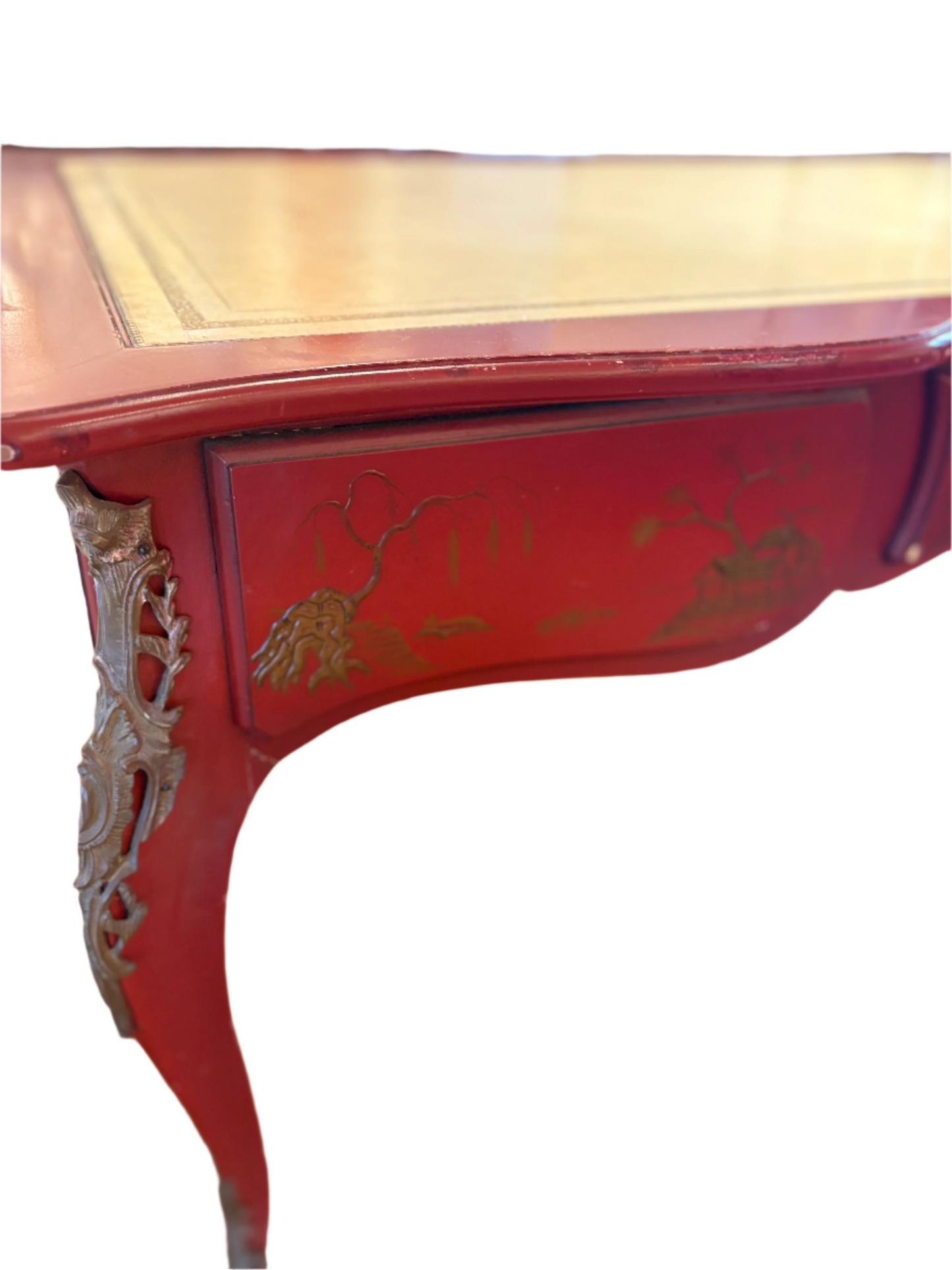 Antique Red Chinoiserie Leather Top Desk