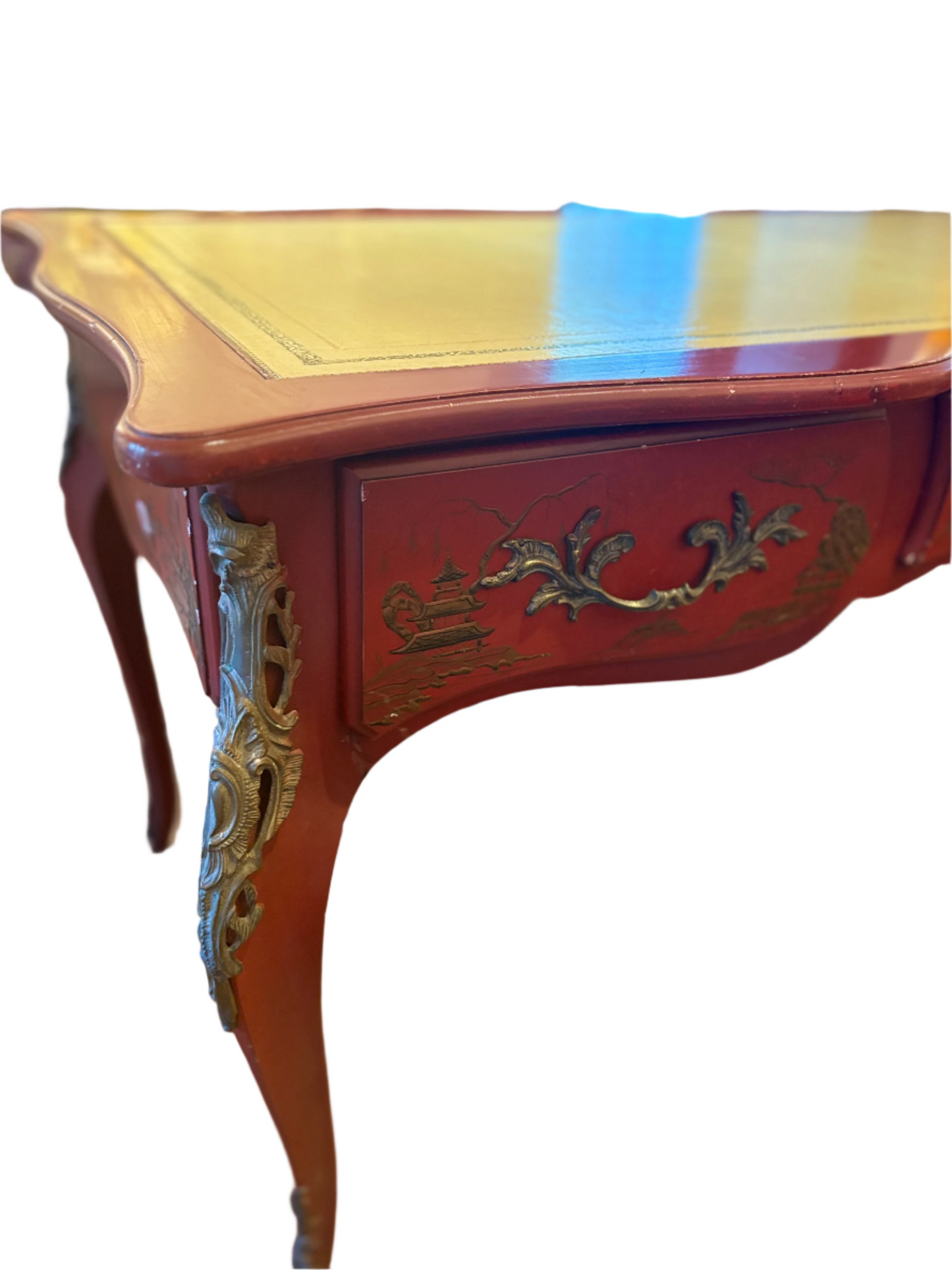 Antique Red Chinoiserie Leather Top Desk