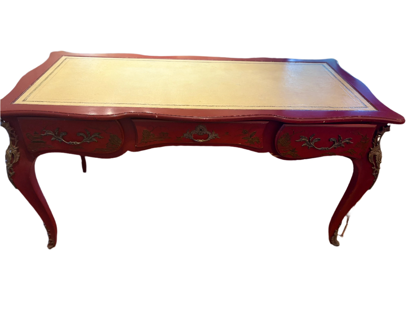 Antique Red Chinoiserie Leather Top Desk