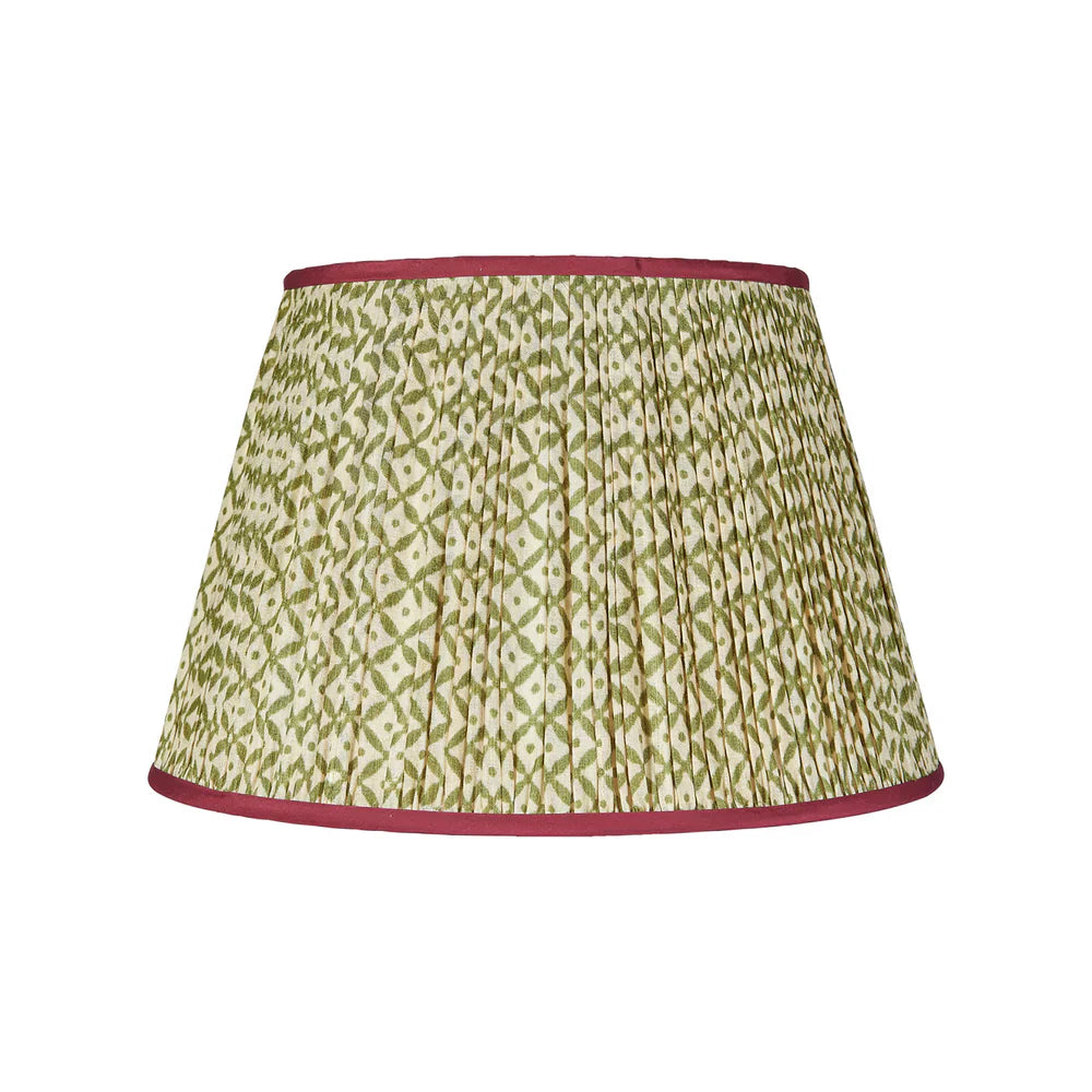 Green Trellis Pleated Silk Lampshade with Burgundy Trim 18"
