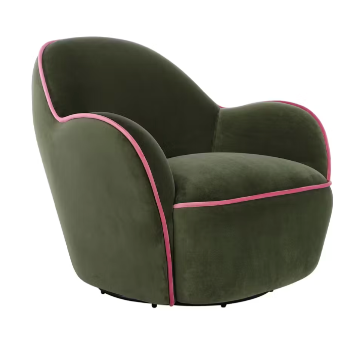 Velvet Upholstered Swivel Chair with Pink Piping