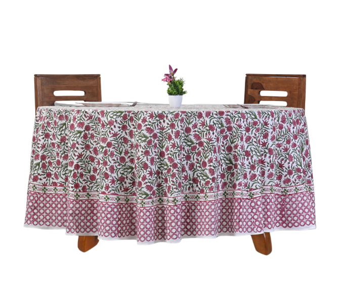 Red Garnet Hand Block Printed 100% Cotton Round Tablecloth: 110 Inch