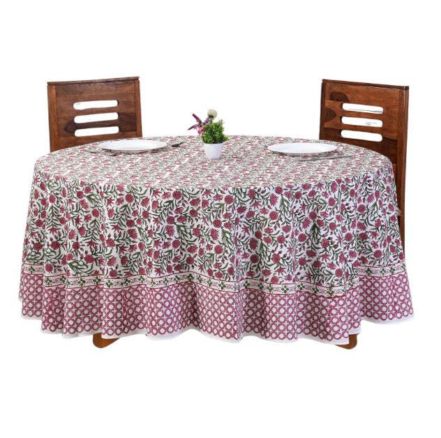 Red Garnet Hand Block Printed 100% Cotton Round Tablecloth: 110 Inch