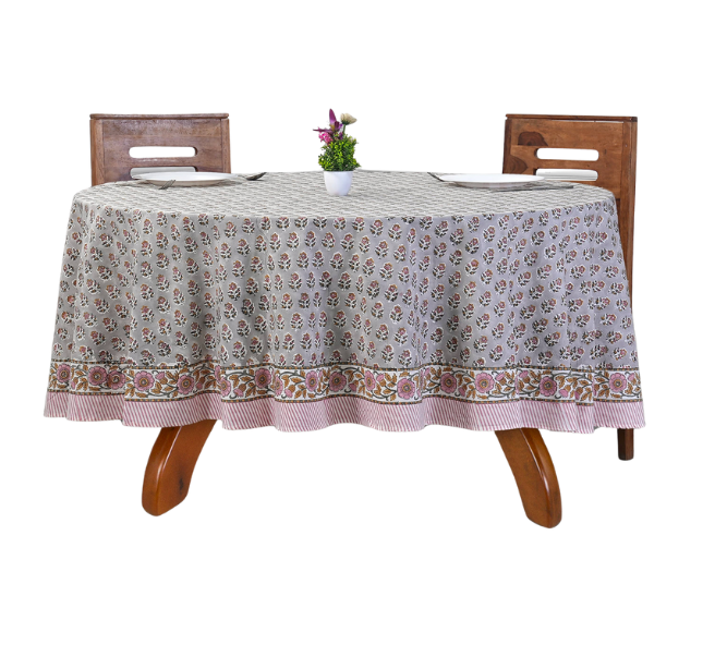 Red Garnet Hand Block Printed 100% Cotton Round Tablecloth: 110 Inch