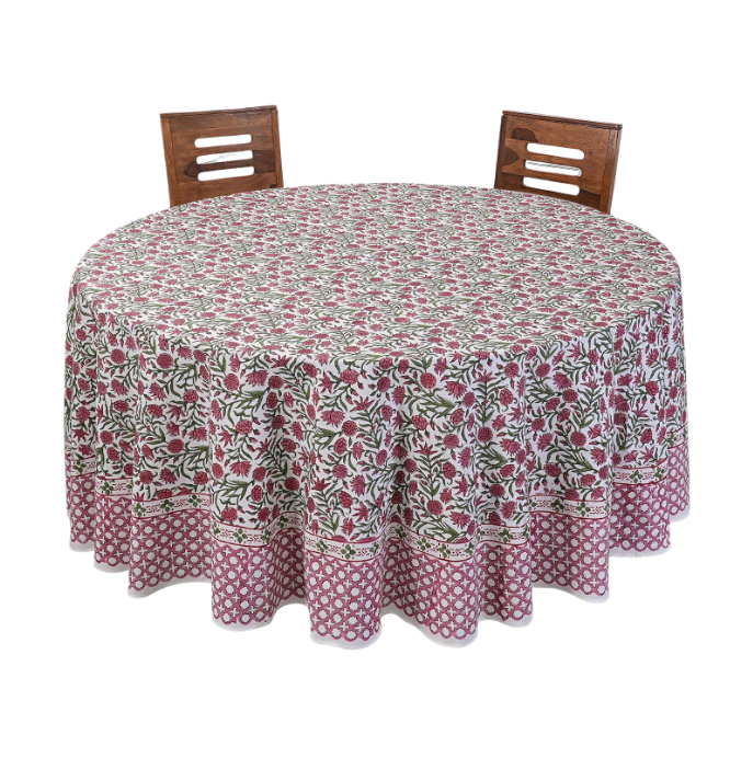 Red Garnet Hand Block Printed 100% Cotton Round Tablecloth: 110 Inch