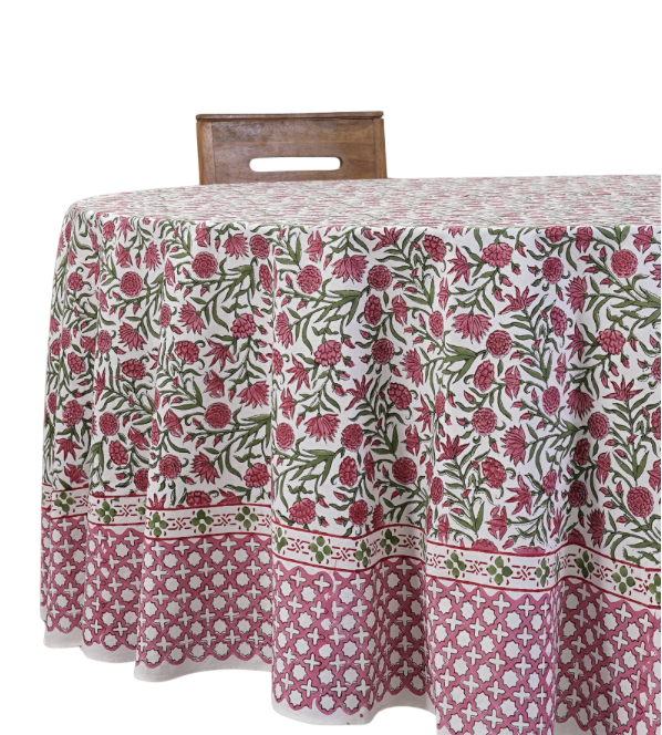 Red Garnet Hand Block Printed 100% Cotton Round Tablecloth: 110 Inch