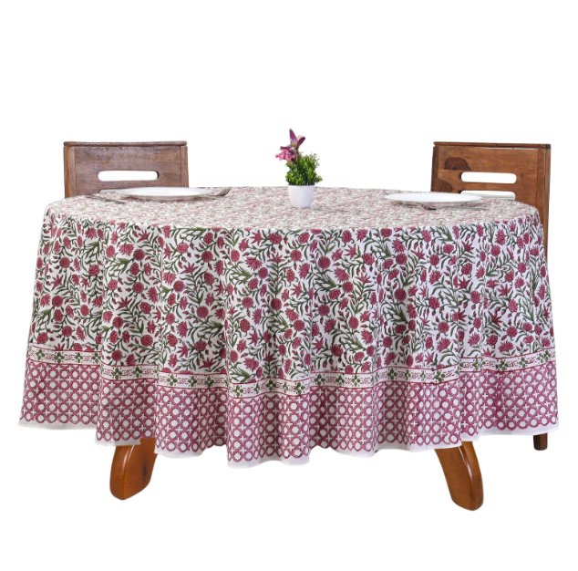 Red Garnet Hand Block Printed 100% Cotton Round Tablecloth: 110 Inch
