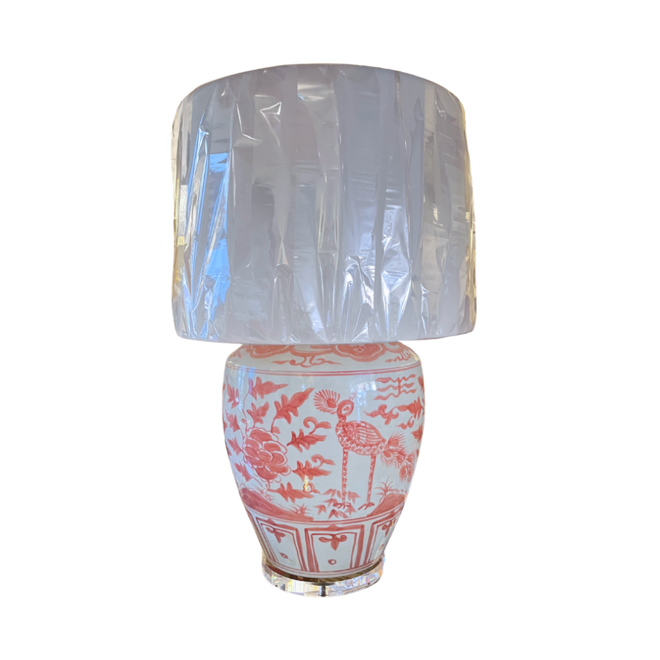 Coral Red Barn Jar Bird Motif Lamp