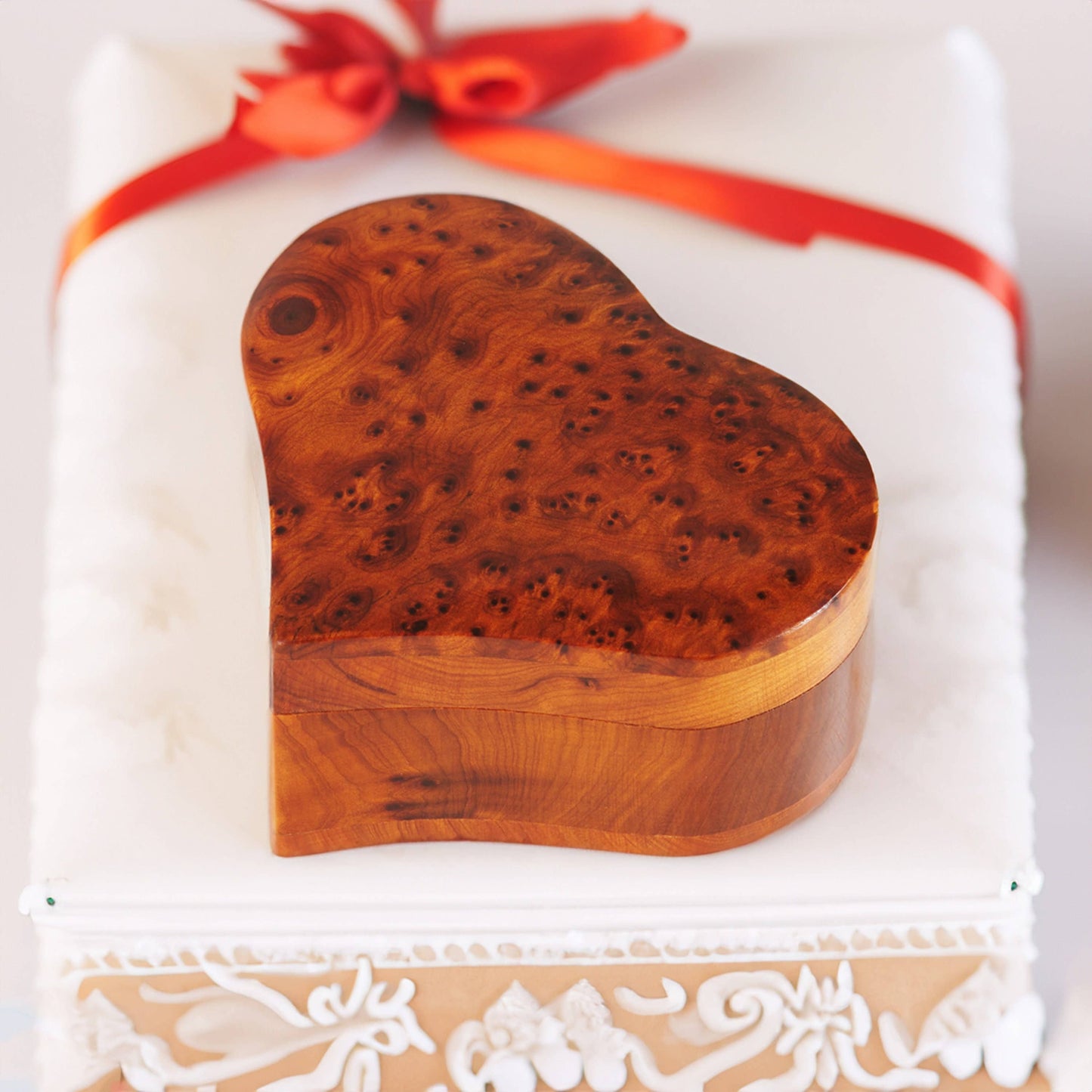 Burl Wood Heart-Shaped Ring Box