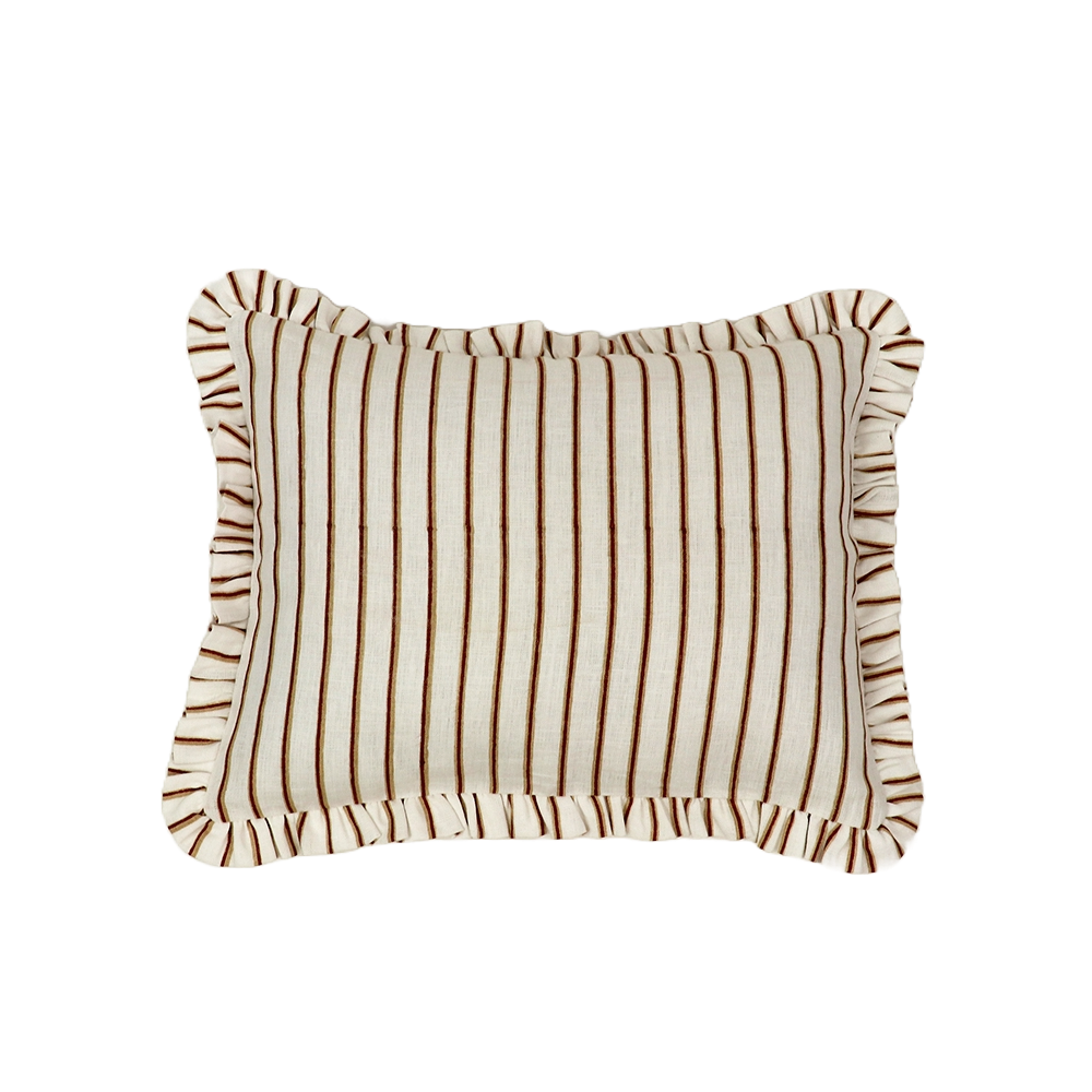 BLOCK PRINTED RUFFLED CUSHION COVER - OCHRE SHADOW STRIPE