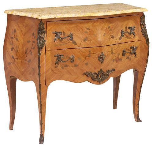French Marble-Top Marquetry Bombe Commode