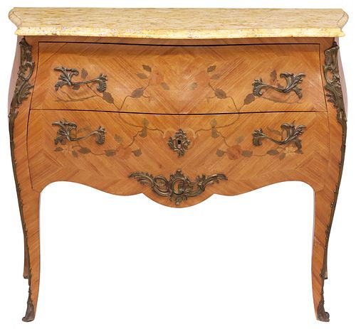 French Marble-Top Marquetry Bombe Commode