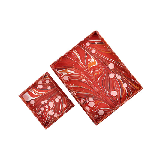 MARBLED SCALLOPED TRAY SET FIRE WHIRL RED