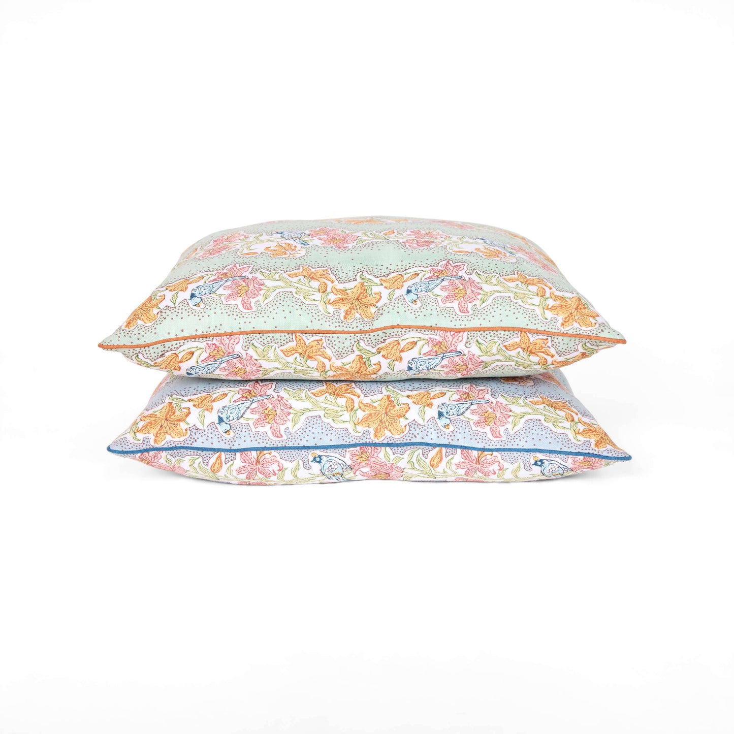 BLOCK-PRINTED PIPED SQUARE CUSHION COVER - MINT MEHER