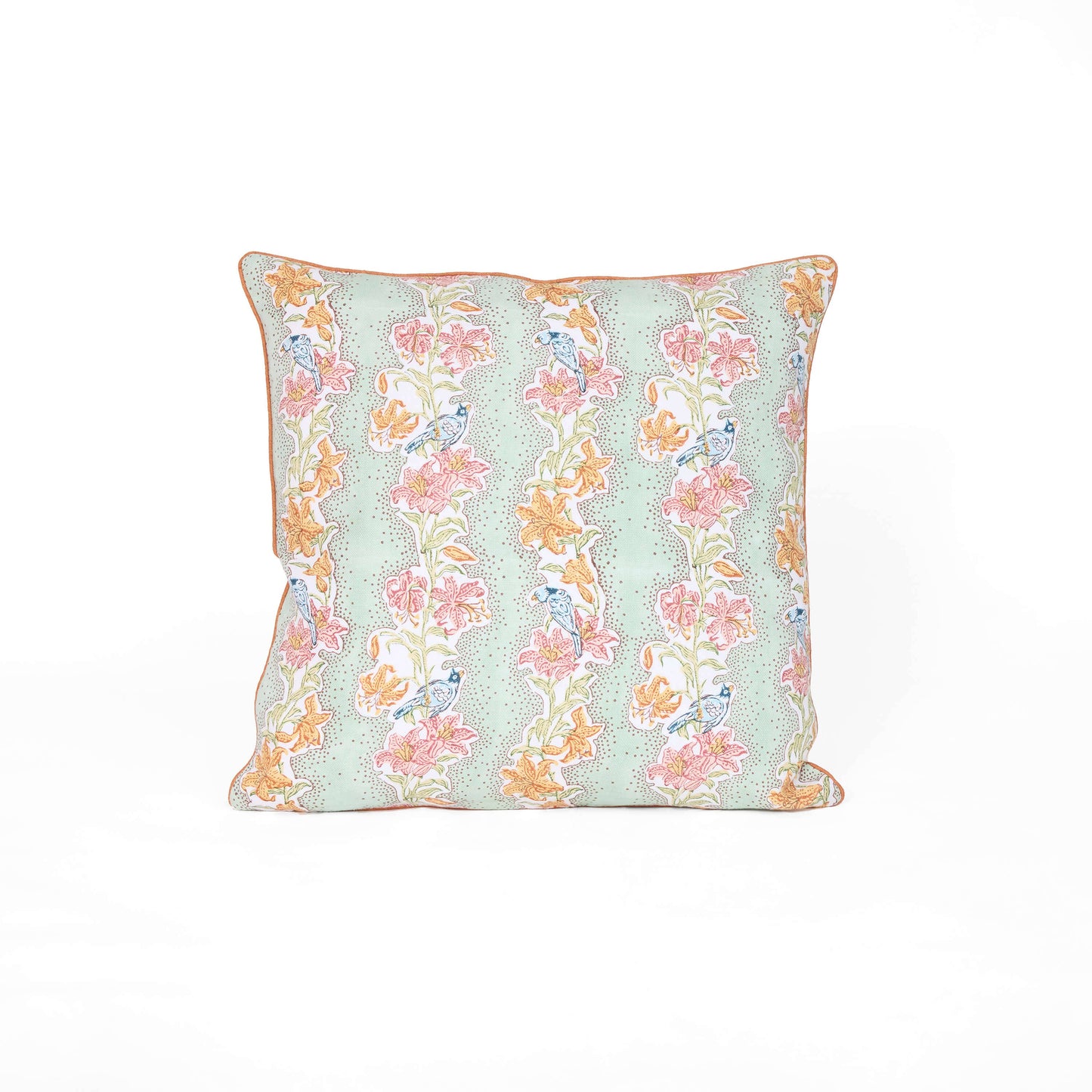BLOCK-PRINTED PIPED SQUARE CUSHION COVER - MINT MEHER