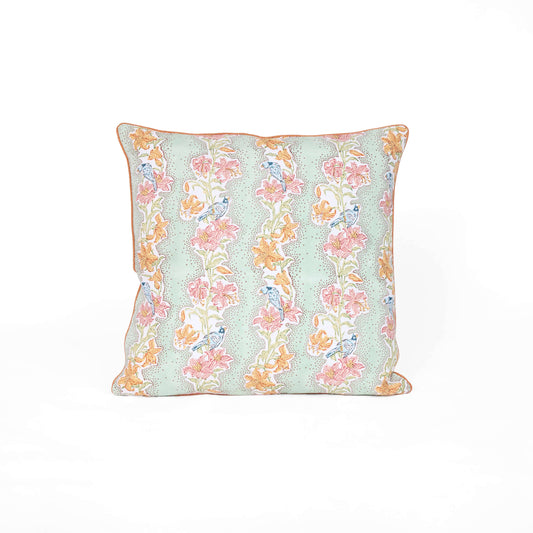 BLOCK-PRINTED PIPED SQUARE CUSHION COVER - MINT MEHER