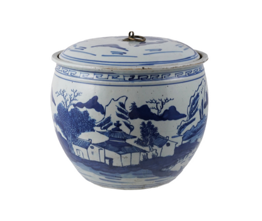 Hand Painted Stoneware Vintage Reproduction Ginger Jar w/ Landscape and Brass Ring