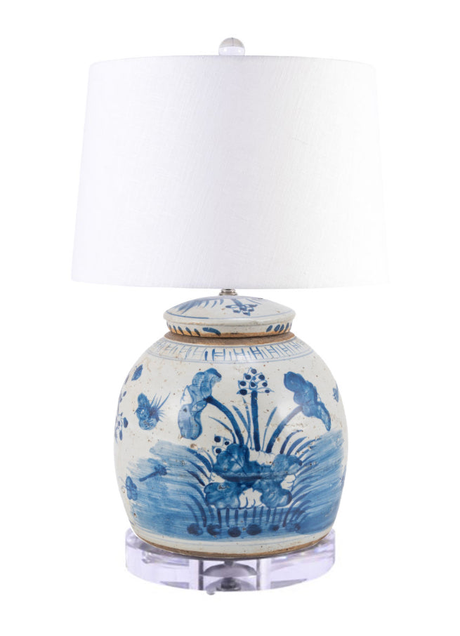 Vintage Ming Jar Lamp Plum Lily Pads/Plum Blossoms