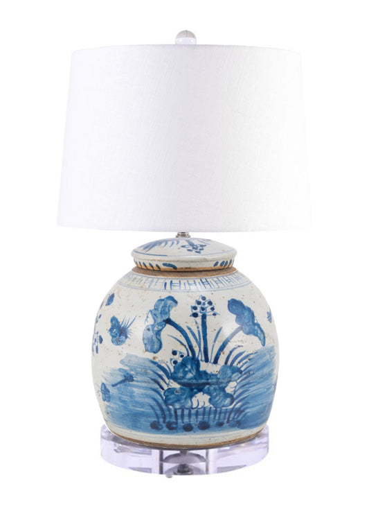 Vintage Ming Jar Lamp Plum Lily Pads/Plum Blossoms