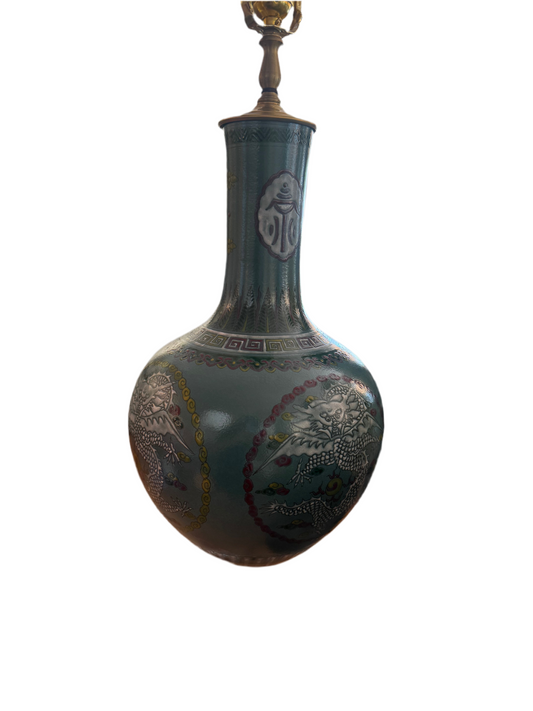 Porcelain Green Rose Famille Ball Vase Lamp