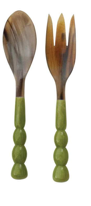 Natural Horn Salad Servers w/ Marbled Resin Hands
