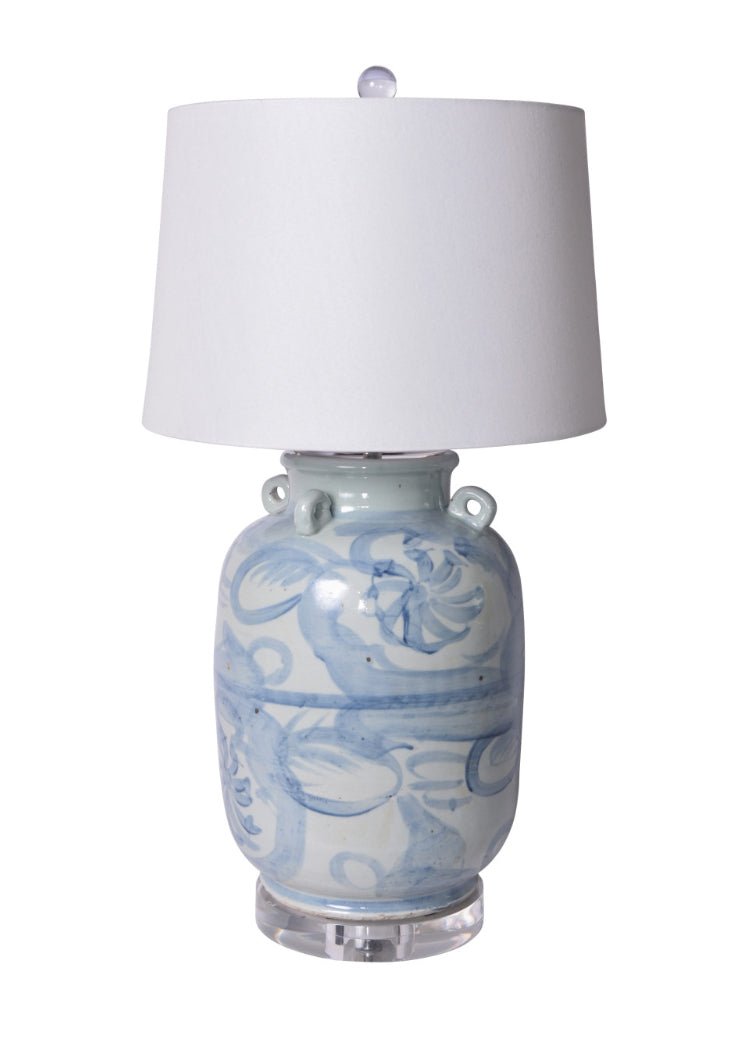Blue & White Four Loop Handle Jar Twisted Flower Lamp
