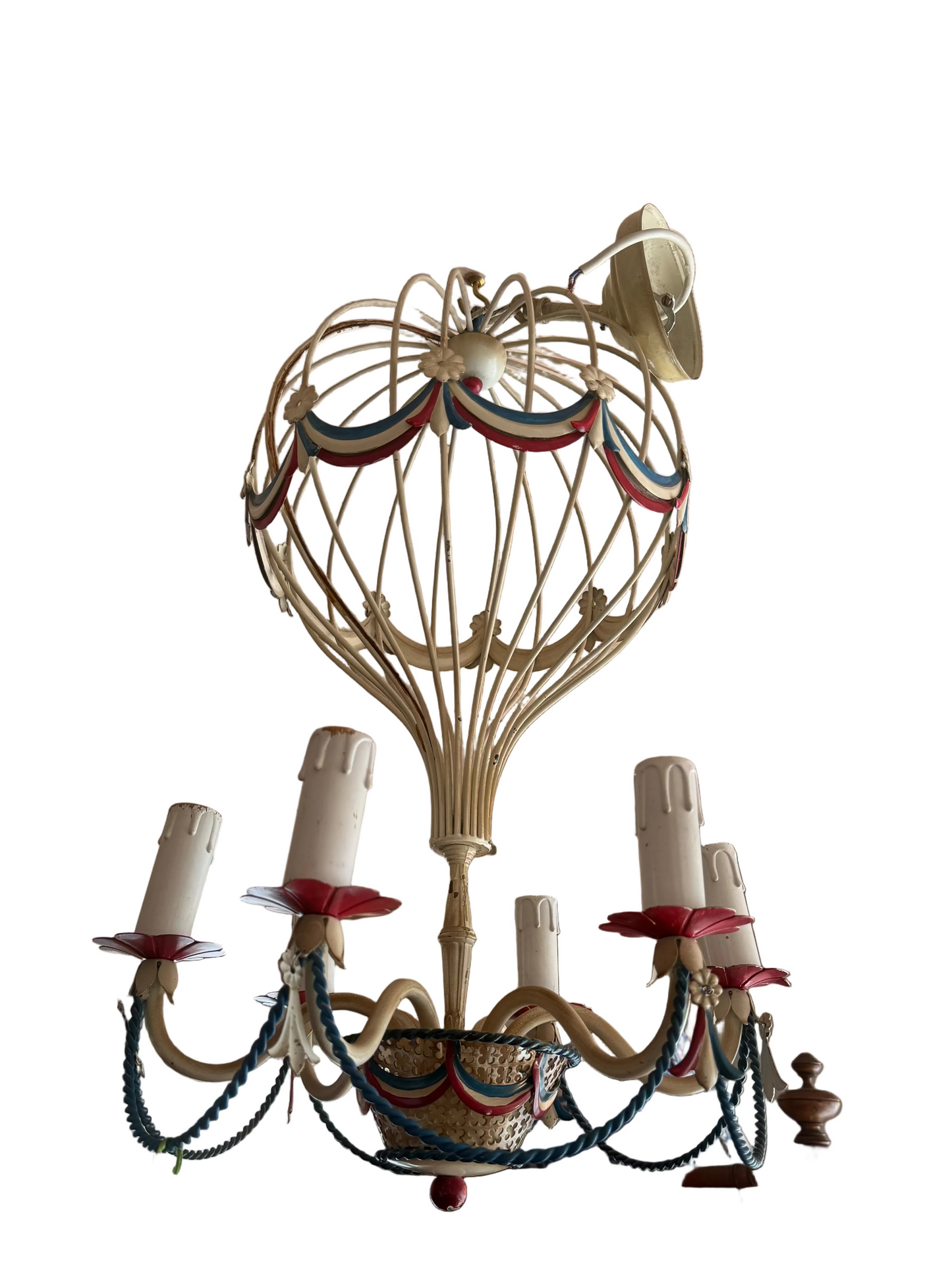 Chandelier designed like a hot air balloon with ribbons on a white background