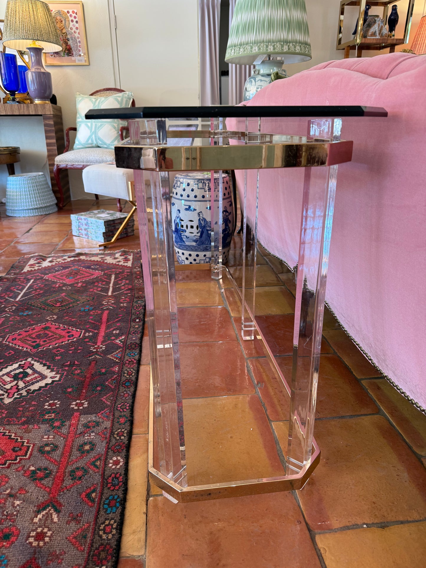 Hollywood Regency Antique Lucite and Brass Console Table