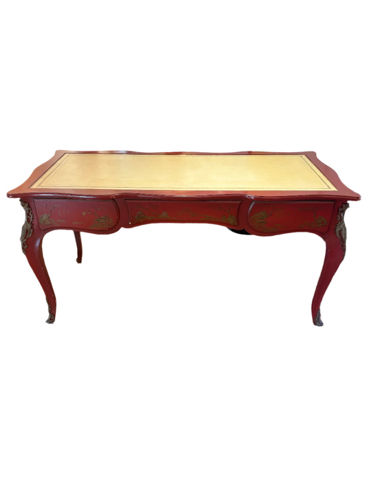 Antique Red Chinoiserie Leather Top Desk