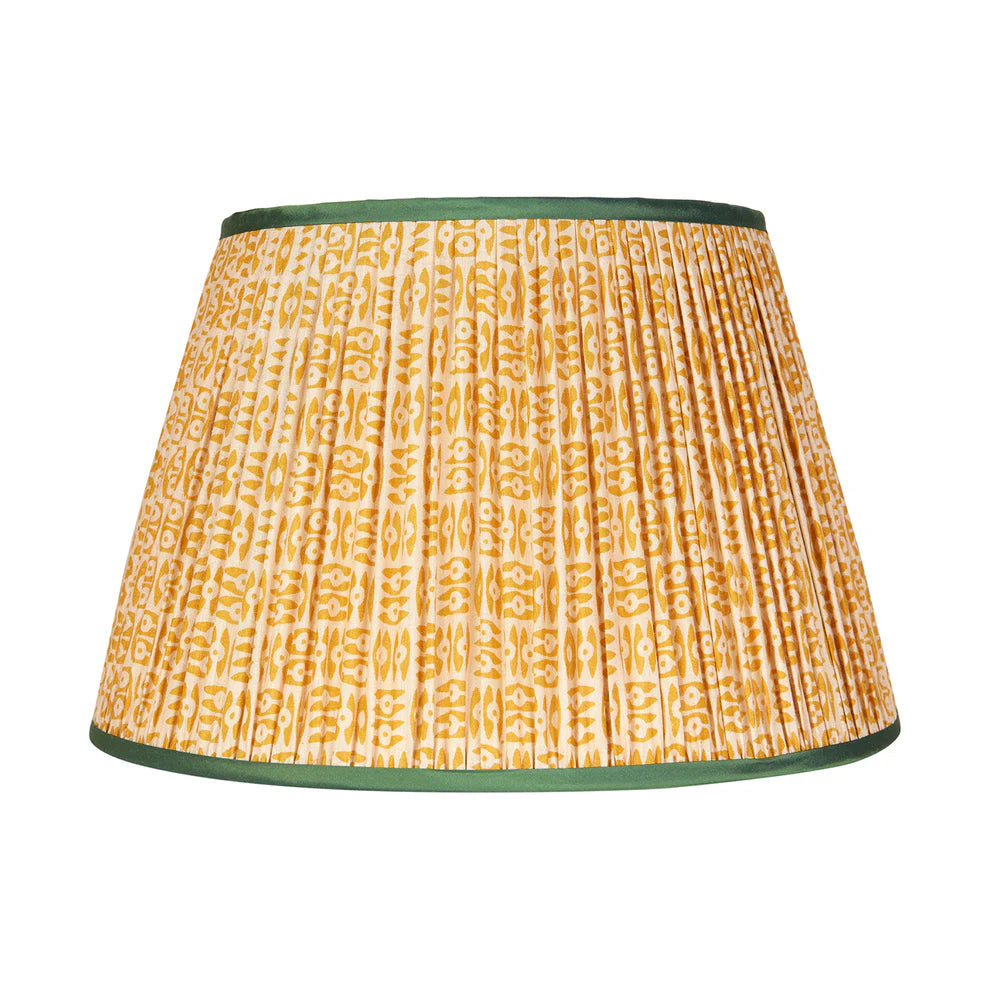 Yellow on White Tribal Lampshade - Green Trim - 16"