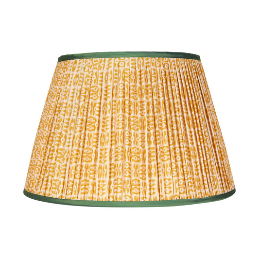 Yellow on White Tribal Lampshade - Green Trim - 16"