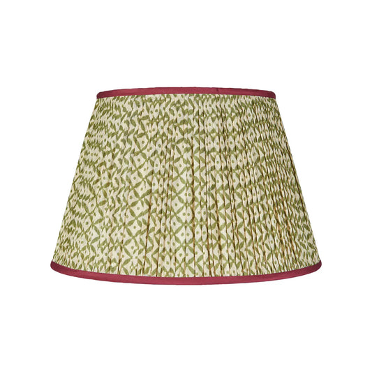 Green Trellis Pleated Silk Lampshade with Burgundy Trim 18"