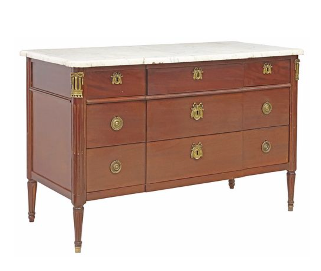 French Louis XVI Style Marble-Top Mahogany Breakfront Commode