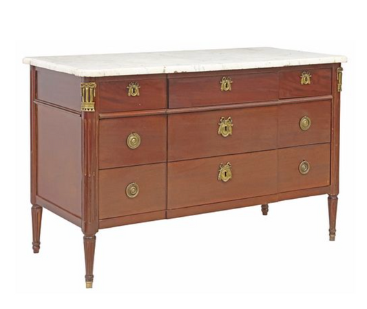 French Louis XVI Style Marble-Top Mahogany Breakfront Commode