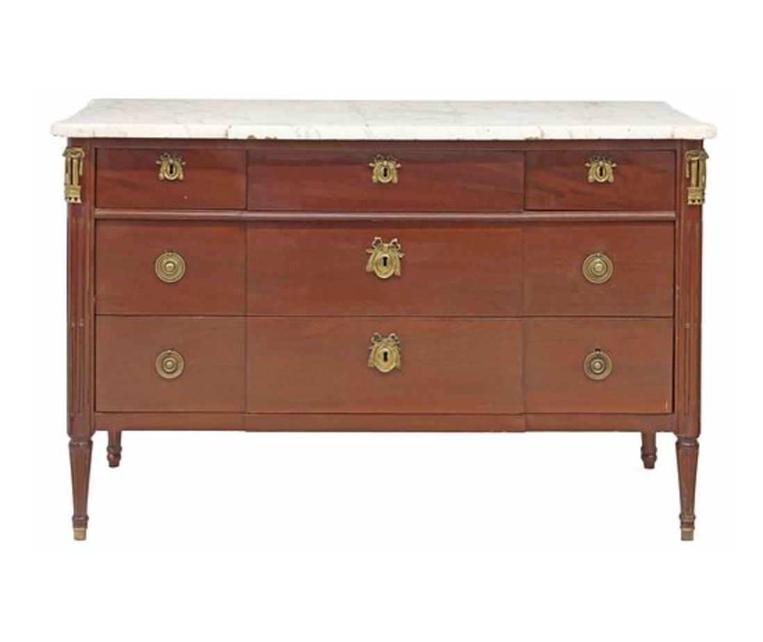 French Louis XVI Style Marble-Top Mahogany Breakfront Commode