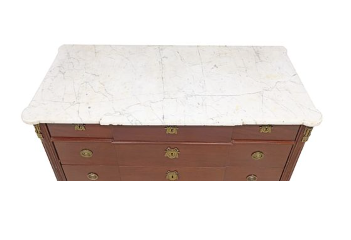 French Louis XVI Style Marble-Top Mahogany Breakfront Commode