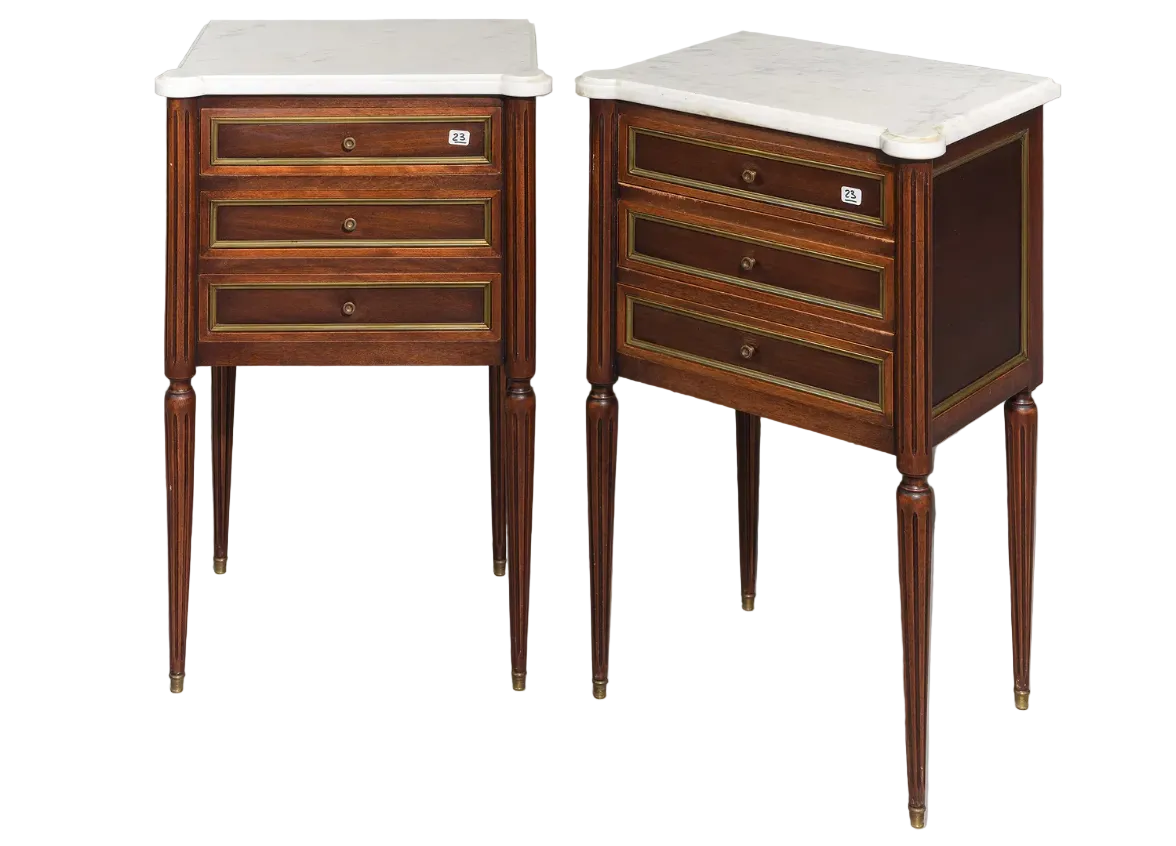 Louis XVI Style Pair of White Marble Top Chests