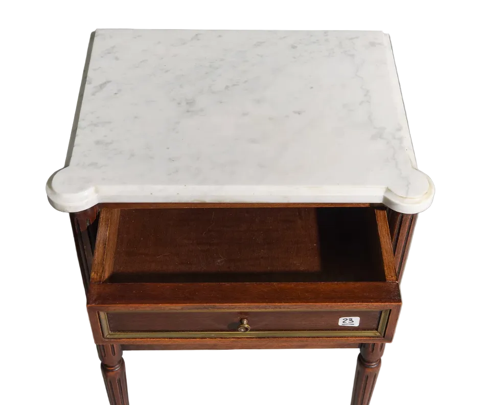 Louis XVI Style Pair of White Marble Top Chests