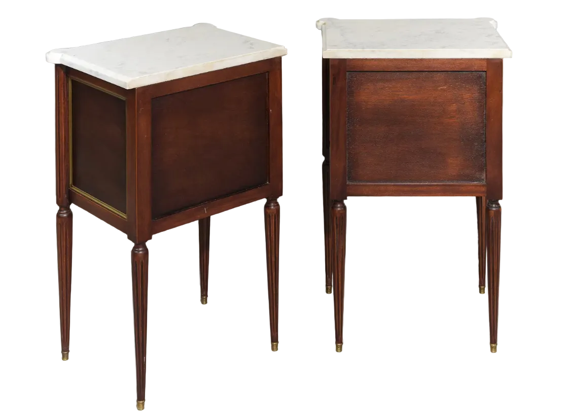 Louis XVI Style Pair of White Marble Top Chests