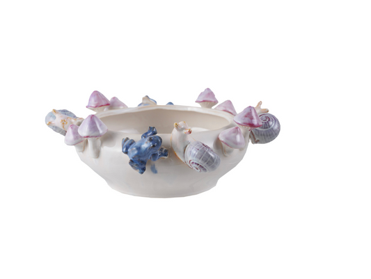 Stoneware Pot w Snails, Mushrooms & Frogs
