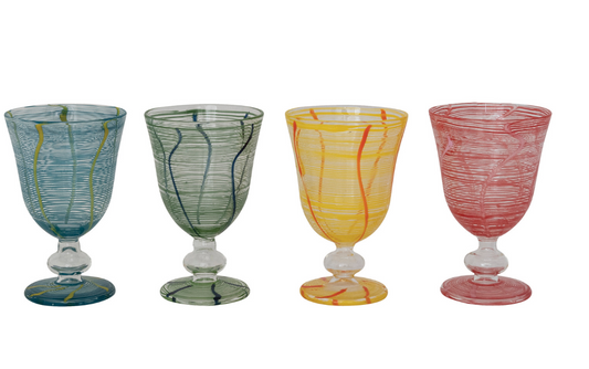 Set of 4 Stemmed Wine Glass w Stripes and Wave Design