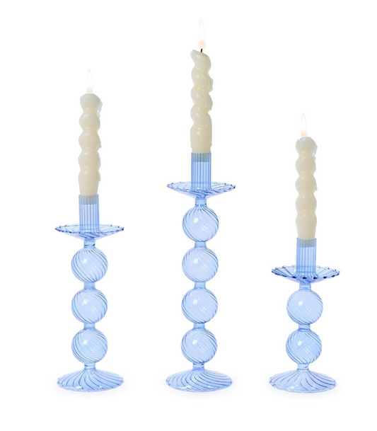 Blue Hand Blown Glass Taper Candleholders—Set of 3